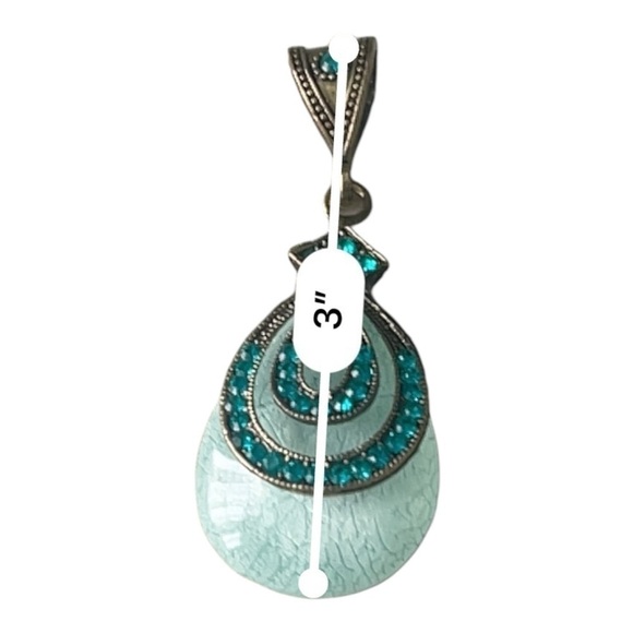 Vintage retro bohemian style turquoise rhinestones oval emerald pendant Women - Picture 7 of 10